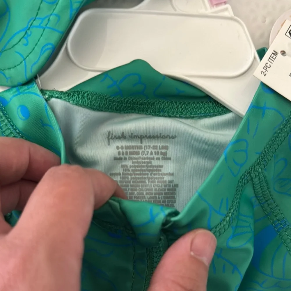 First Impressions Teal and Blue swim romper rash guard with hat 6-9 months